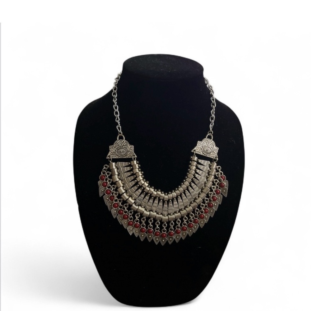 Elegant Silver and Red Statement Necklace